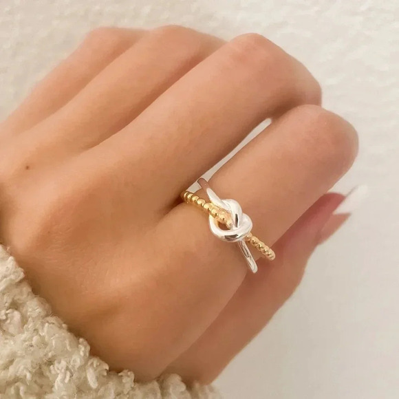 925 Sterling Silver Two Tone Ring Braided Knot Ring Cross Ring Silver & Gold - Picture 2 of 10